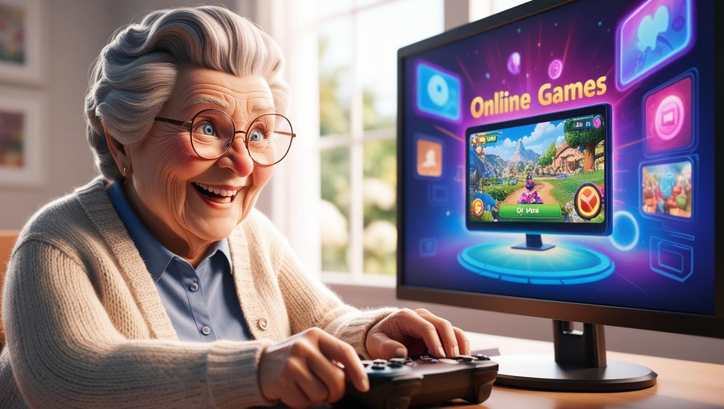 a cute grandma playing online video game