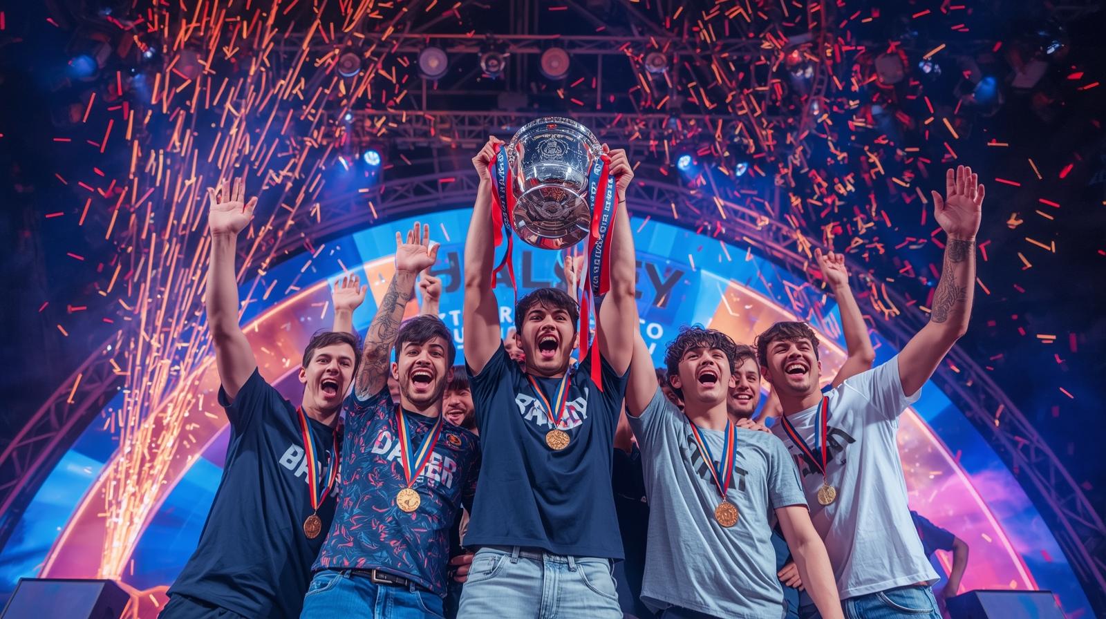 big boys won the prize pool, with cup in their hands, standing on a celebrating stage.