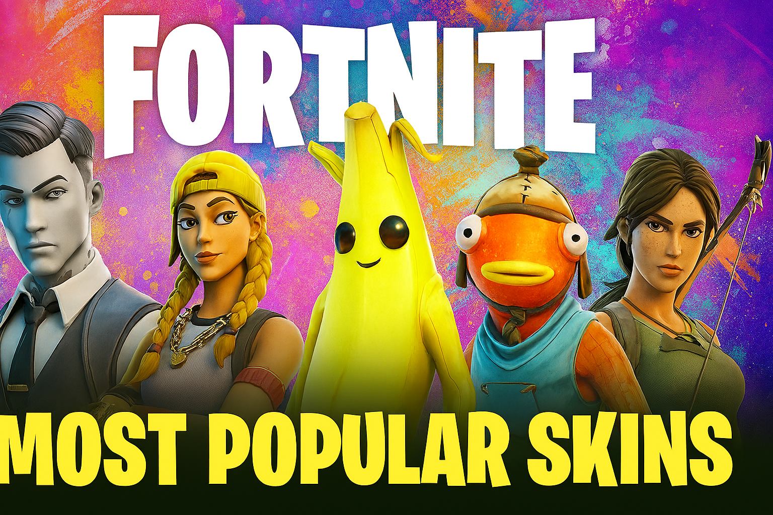 alt="Horizontal illustration of popular Fortnite skins—Midas, Aura, Peely, Fishstick, and Lara Croft—posed against a vibrant, colorful background with bold text reading 'FORTNITE: MOST POPULAR SKINS'"