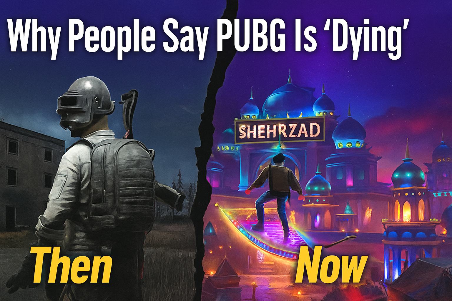 PUBG Mobile split image showing gritty realism on one side and cartoonish chaos on the other—highlighting the game’s visual transformation and fan controversy