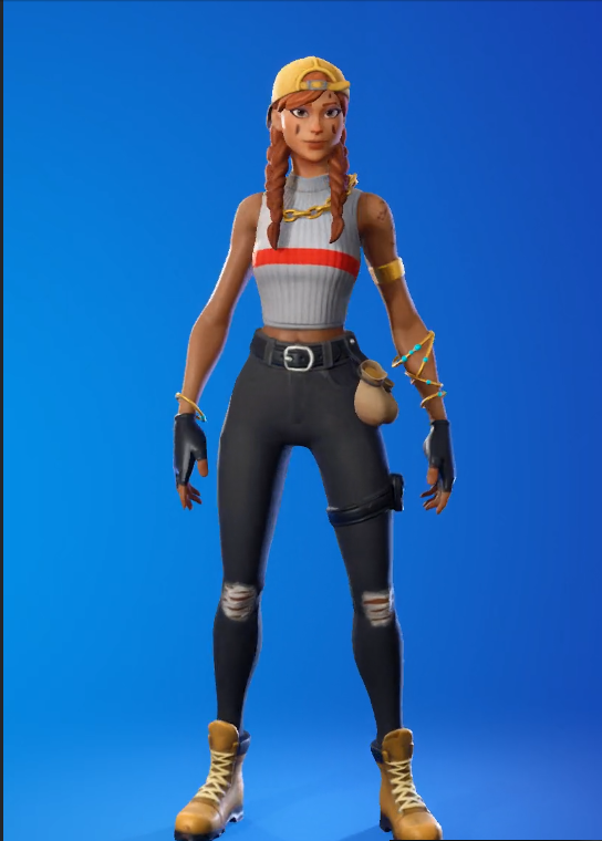 Most Wanted Skins in Fortnite—Even the Ugly Ones alt="Screenshot of Aura skin in Fortnite—wearing a yellow cap, twin braids, and gold chain, standing in-game from Season 8"