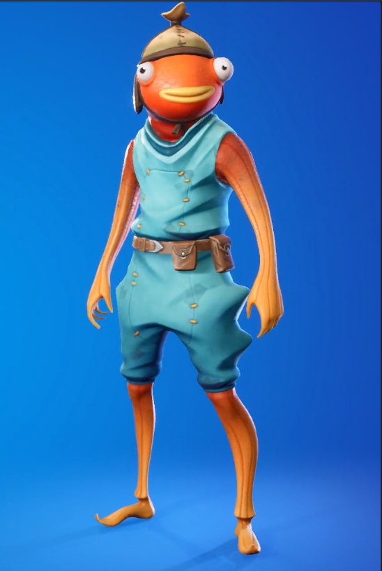 Most Wanted Skins in Fortnite—Even the Ugly Ones alt="Screenshot of Fishstick skin in Fortnite—wide-eyed fish character with orange scales and blue outfit, standing in-game from Season 7"