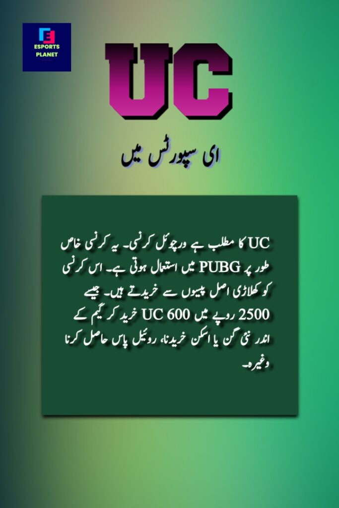 PUBG Mobile UC poster showing virtual currency used by players to purchase skins, outfits, and Royale Pass in urdu.