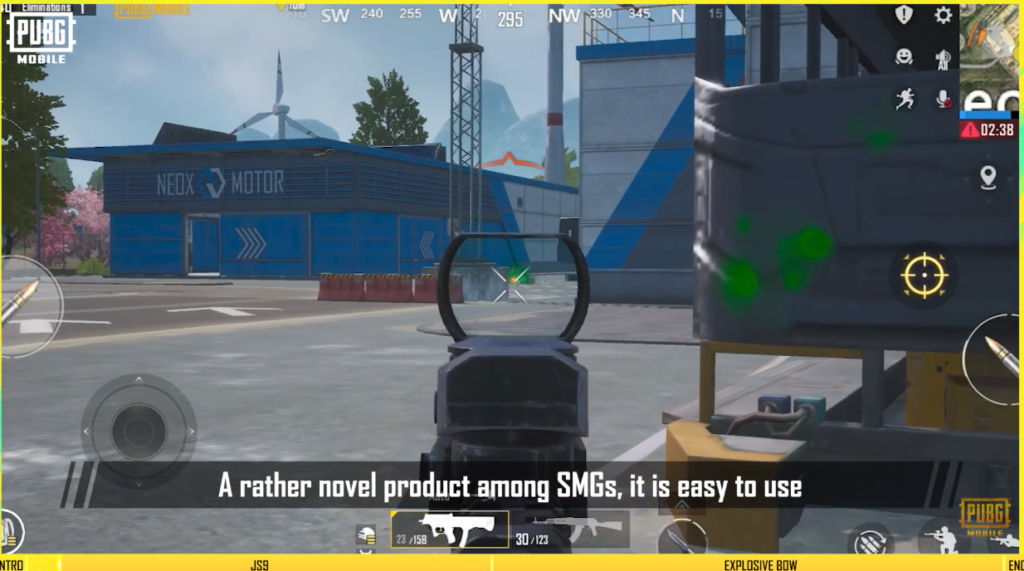 5 Amazing Skills to Dominate PUBG Like a Pro First-person perspective of a player aiming down sights with a JS9 SMG in PUBG Mobile, with video subtitles describing it as an easy-to-use product.