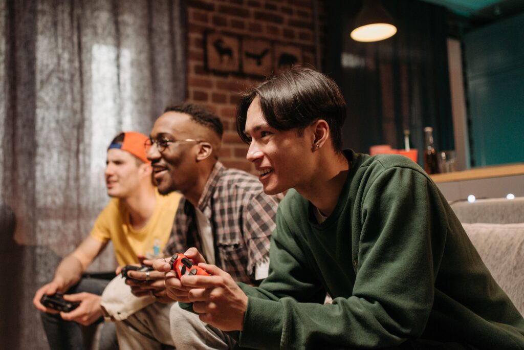 About men playing esports happily