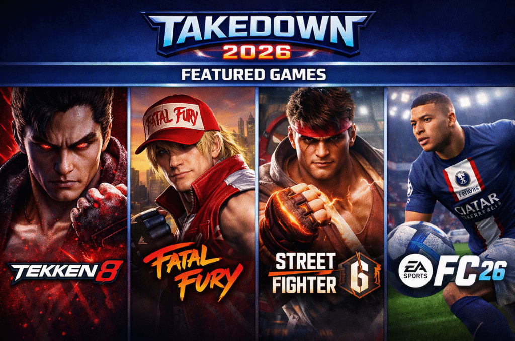 Take Down 2026: Pakistan's Biggest Prize Pool Event A horizontal promotional banner for the Takedown 2026 Pakistan esports tournament displaying four featured games divided into clean vertical panels. The image showcases official game logos and iconic character artwork, including Jin Kazama for Tekken 8, Terry Bogard for Fatal Fury: City of the Wolves, Ryu for Street Fighter 6, and a professional football player dribbling a ball for EA Sports FC 26. A dark blue header card reads "TAKEDOWN 2026 FEATURED GAMES."
