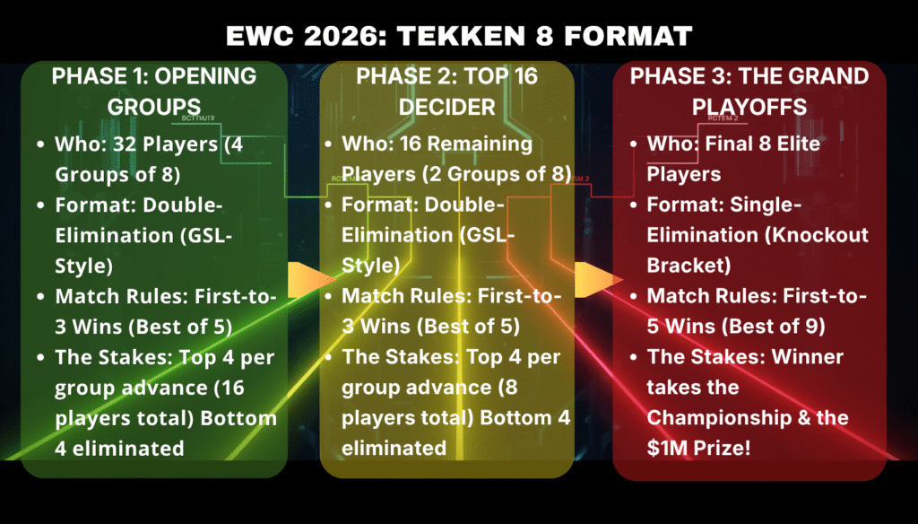 EWC 2026 Tekken 8 tournament format infographic showing three phases — Opening Groups, Top 16 Decider, and Grand Playoffs — with player counts, match rules, and advancement details.