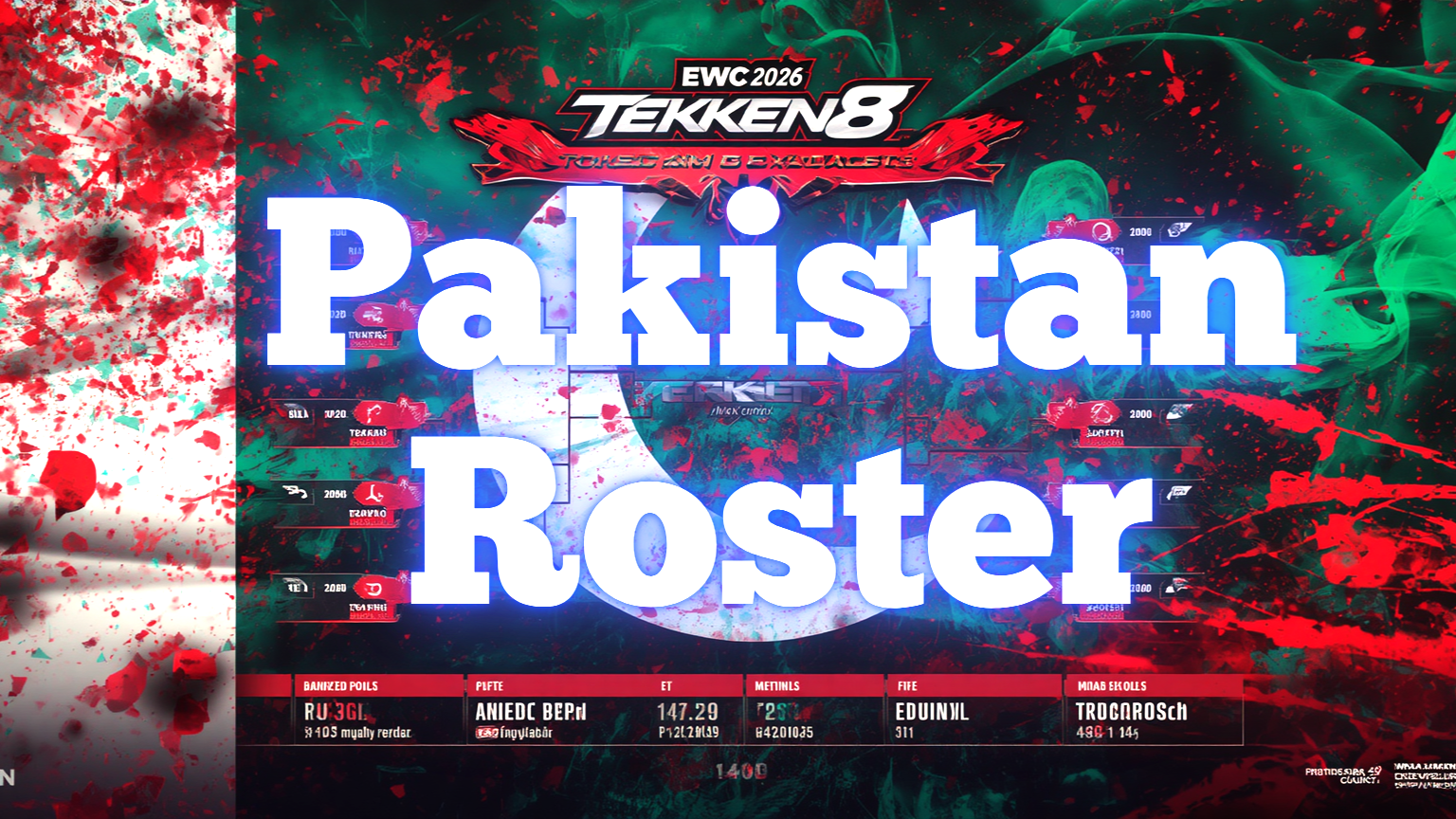 EWC 2026 Tekken 8: Pakistan Roster and Prize Pool Esports featured image banner with bold white text reading "Pakistan Roster" overlaid on a stylized red, white, and green graphic featuring a bracket tree and the official logo for EWC 2026 Tekken 8.
