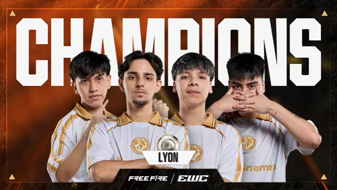 Team LYON Crowned Free Fire Champions at EWC 2026 Team LYON players lifting the Free Fire Esports World Cup 2026 trophy on stage in Paris France.