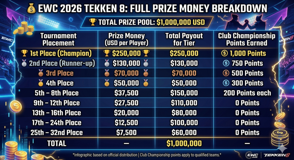 EWC 2026 Tekken 8 prize pool distribution table infographic showcasing the official ,000,000 USD prize money breakdown, individual player earnings, and Club Championship points for the Esports World Cup tournament in Paris.