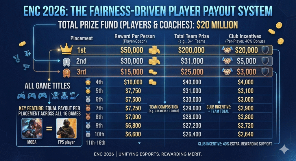 An infographic detailing the ENC 2026 Fairness-Driven Player Payout System, featuring a table that outlines the $20 million total prize fund distribution by placement from 1st to 16th, including reward per person, total team prize, and club incentives, highlighting equal payouts across all 16 game titles like MOBA and FPS.
