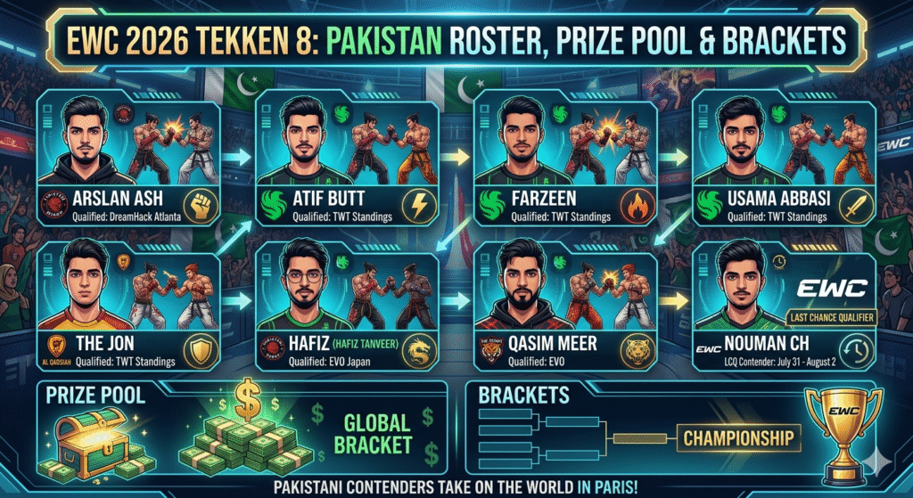 A clean gaming infographic detailing the Pakistani roster for the EWC 2026 Tekken 8 tournament in Paris. The top half features structured profile blocks for seven qualified players—Arslan Ash, Atif Butt, Farzeen, Usama Abbasi, Hafiz, and Qasim Meer—alongside Last Chance Qualifier contender Nouman Ch, each noting their respective qualification pathways such as DreamHack Atlanta, TWT Standings, and EVO Japan. The bottom footer highlights visual panels for the total prize pool, tournament bracket tree, and the central EWC championship trophy against a dark blue cybernetic tech grid background.