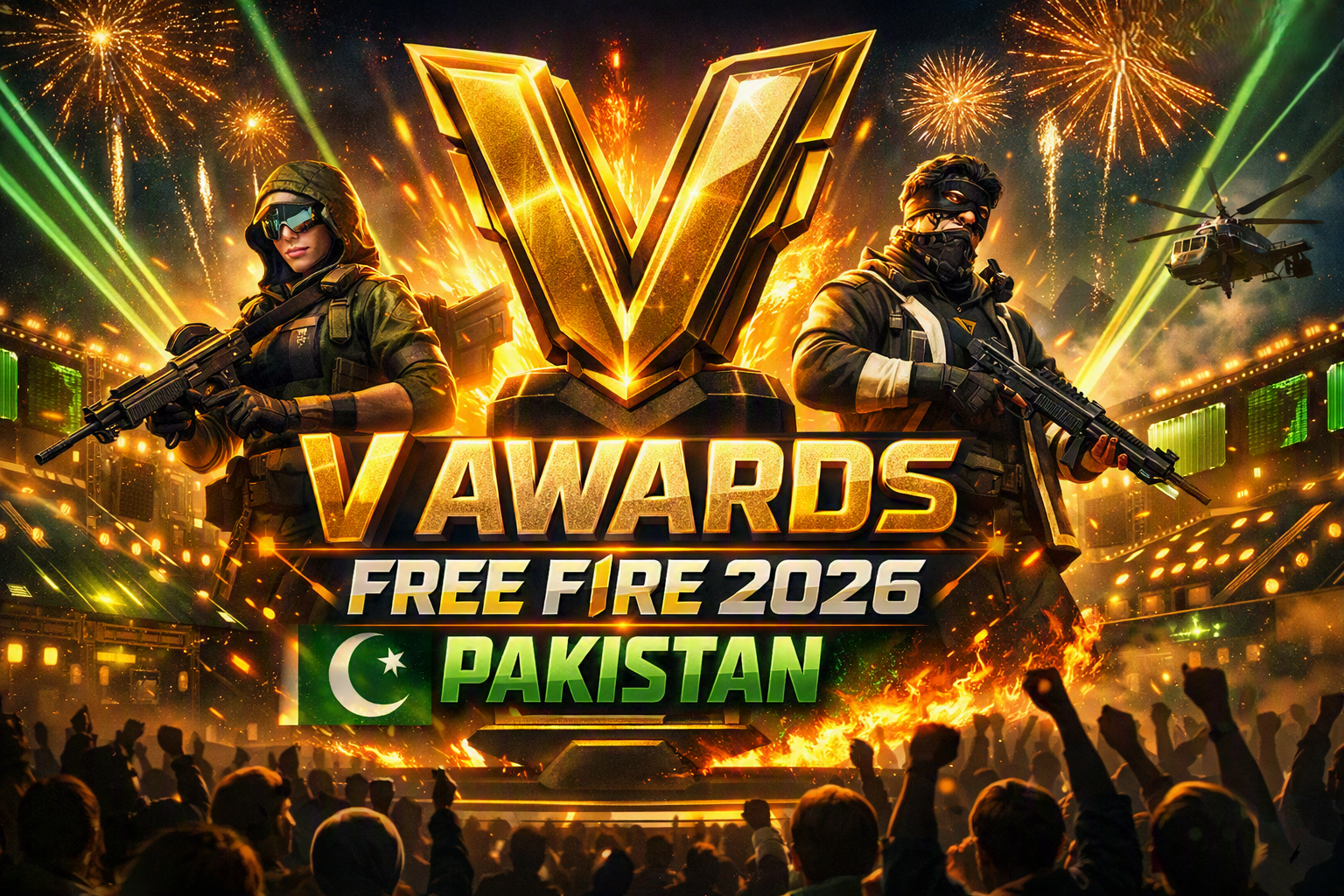 V Awards Free Fire 2026 Pakistan V Awards Free Fire 2026 Pakistan — official esports event poster featuring golden V trophy, Free Fire characters, and vibrant stage lights with fireworks. Highlights Pakistan’s gaming community and national participation in Free Fire tournaments. Designed for Esports Planet feature banner.