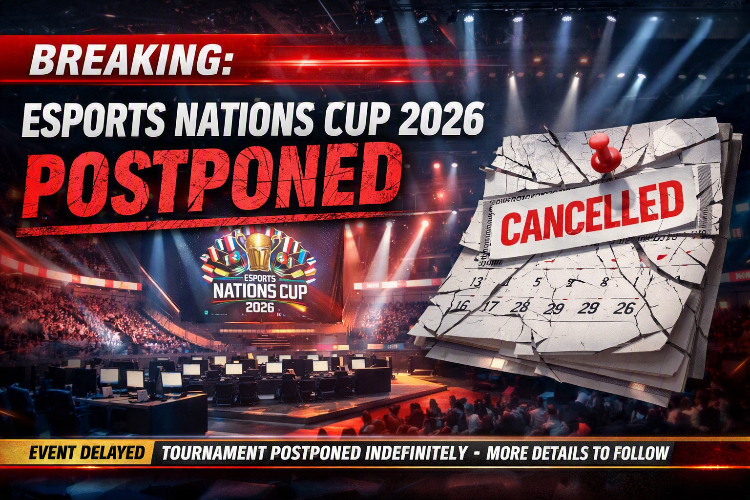 BREAKING: Esports Nations Cup 2026 Postponed Esports Nations Cup 2026 postponed announcement graphic with a broken schedule of tournament bracket timeline for World Esports Planet.
