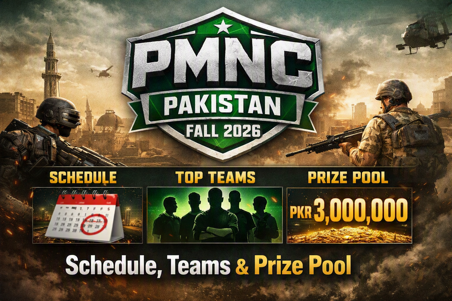 Official promotional banner for the PMNC Pakistan Fall 2026 tournament, showing a massive PKR 3,000,000 prize pool, tournament schedule calendar, and top teams section against a post-apocalyptic battlefield background featuring PUBG Mobile soldiers and a Lahore city silhouette.