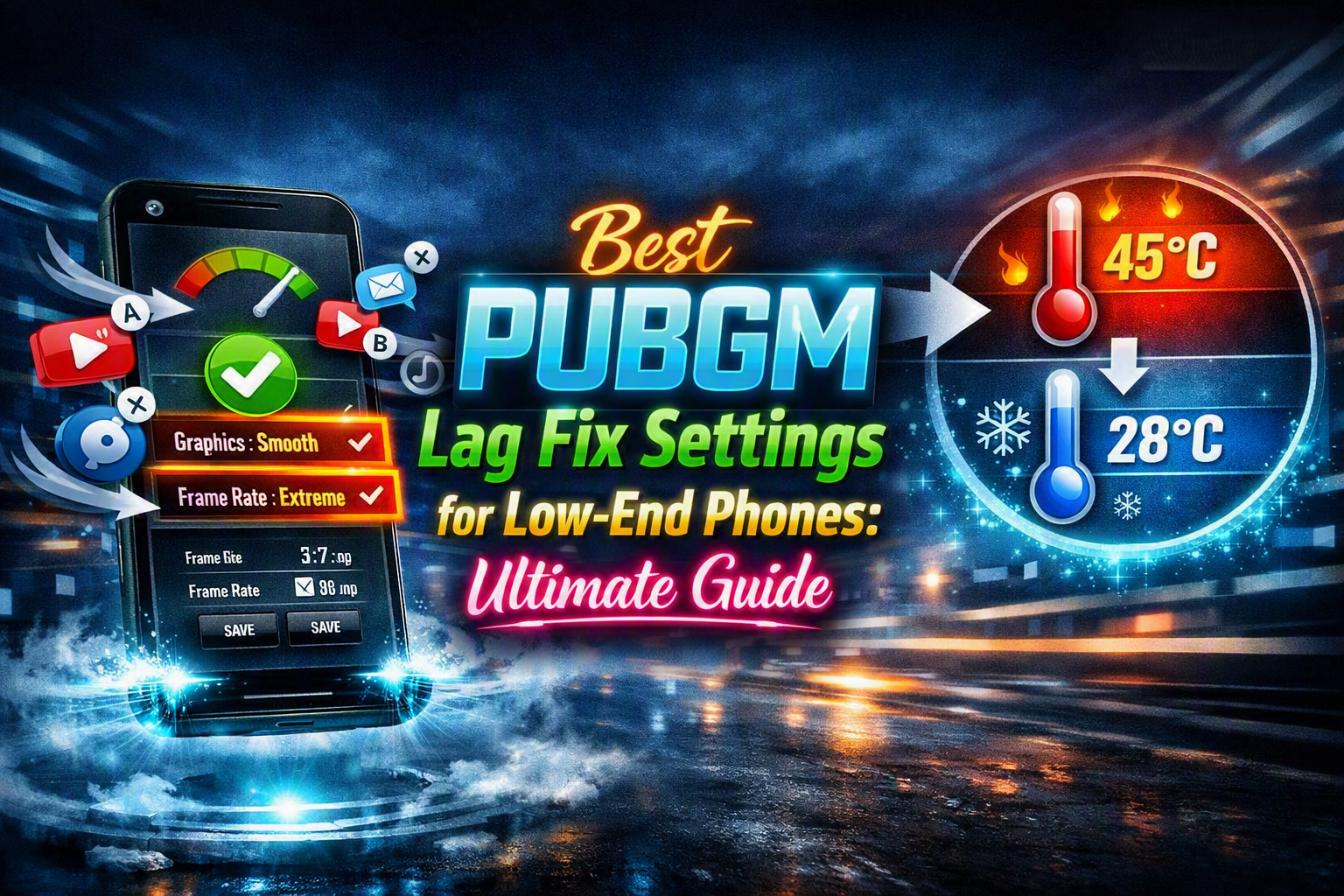A digital graphic titled "Best PUBGM Lag Fix Settings for Low-End Phones: Ultimate Guide" features a smartphone on the left displaying optimal game settings, like Smooth graphics and Extreme frame rate. The right side shows a temperature drop comparison from 45°C down to 28°C, set against a dark blue and glowing orange background.