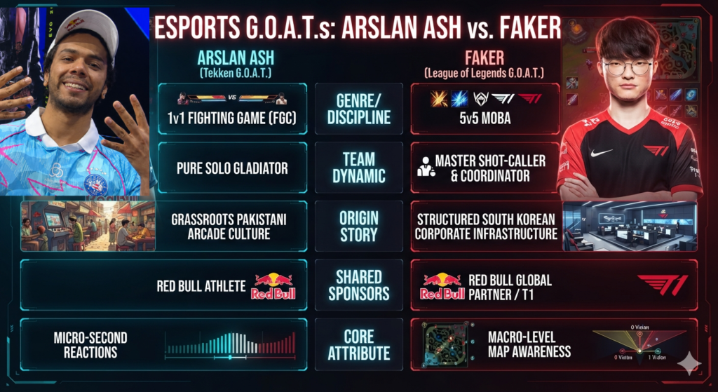 Faker & Arslan Ash: Esports GOAT infographic comparing Tekken legend Arslan Ash and League of Legends star Faker. Side-by-side comparison displays metrics: Arslan Ash as a 1v1 Fighting Game Community (FGC) solo gladiator from Pakistani arcade culture with micro-second reactions, sponsored by Red Bull. Faker as a 5v5 MOBA master shot-caller for T1 from South Korean corporate infrastructure with macro map awareness, sponsored by Red Bull.