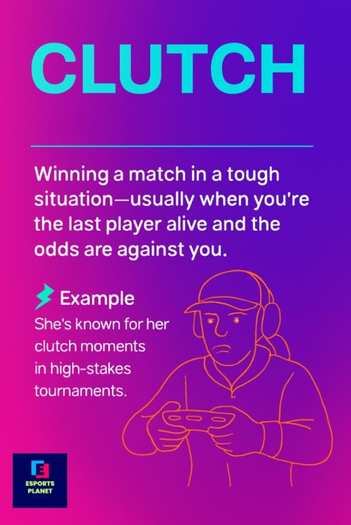 Esports Vocabulary infographic poster defining the gaming term Clutch as winning a match in a tough situation when you are the last player alive, with a neon line vector illustration of a gamer on a purple gradient background.