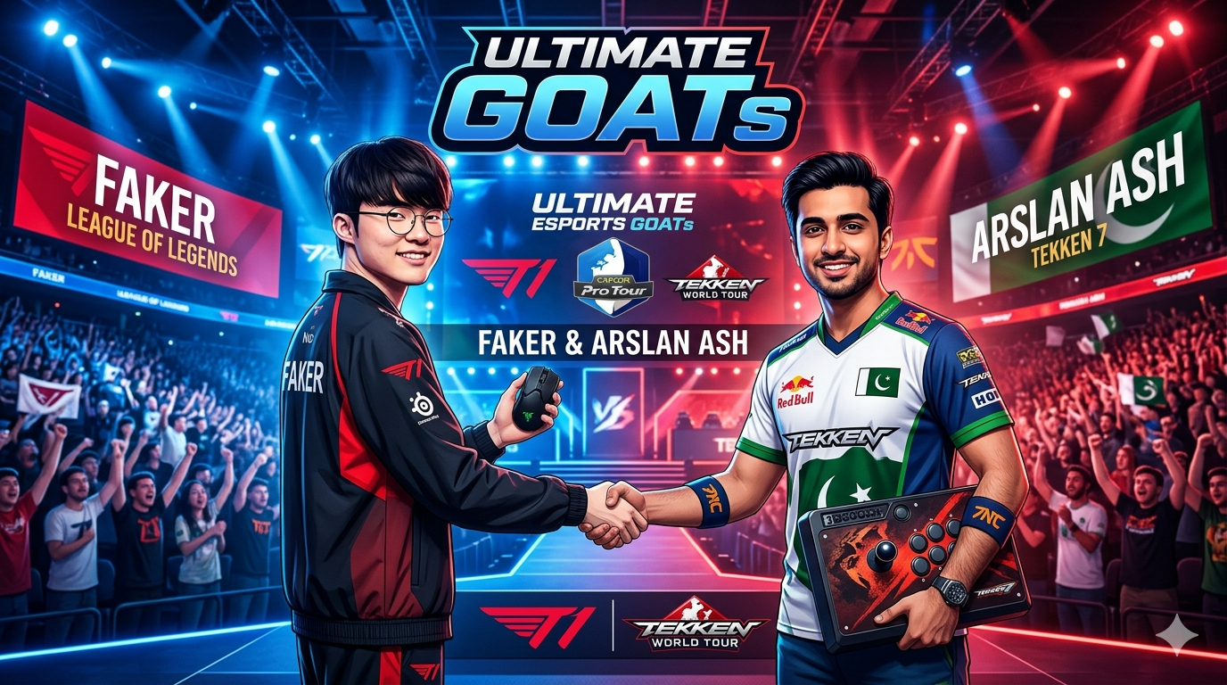 Faker & Arslan Ash: What Defines the Ultimate Esports GOAT? Faker from T1 and Arslan Ash from Pakistan shake hands on stage under bright esports arena lights, representing League of Legends and Tekken 7. The image highlights their titles as Ultimate Esports GOATs, with cheering fans, Red Bull logos, and banners showing Faker’s T1 team and Arslan’s Tekken World Tour achievements — symbolizing unity between Asian esports legends.