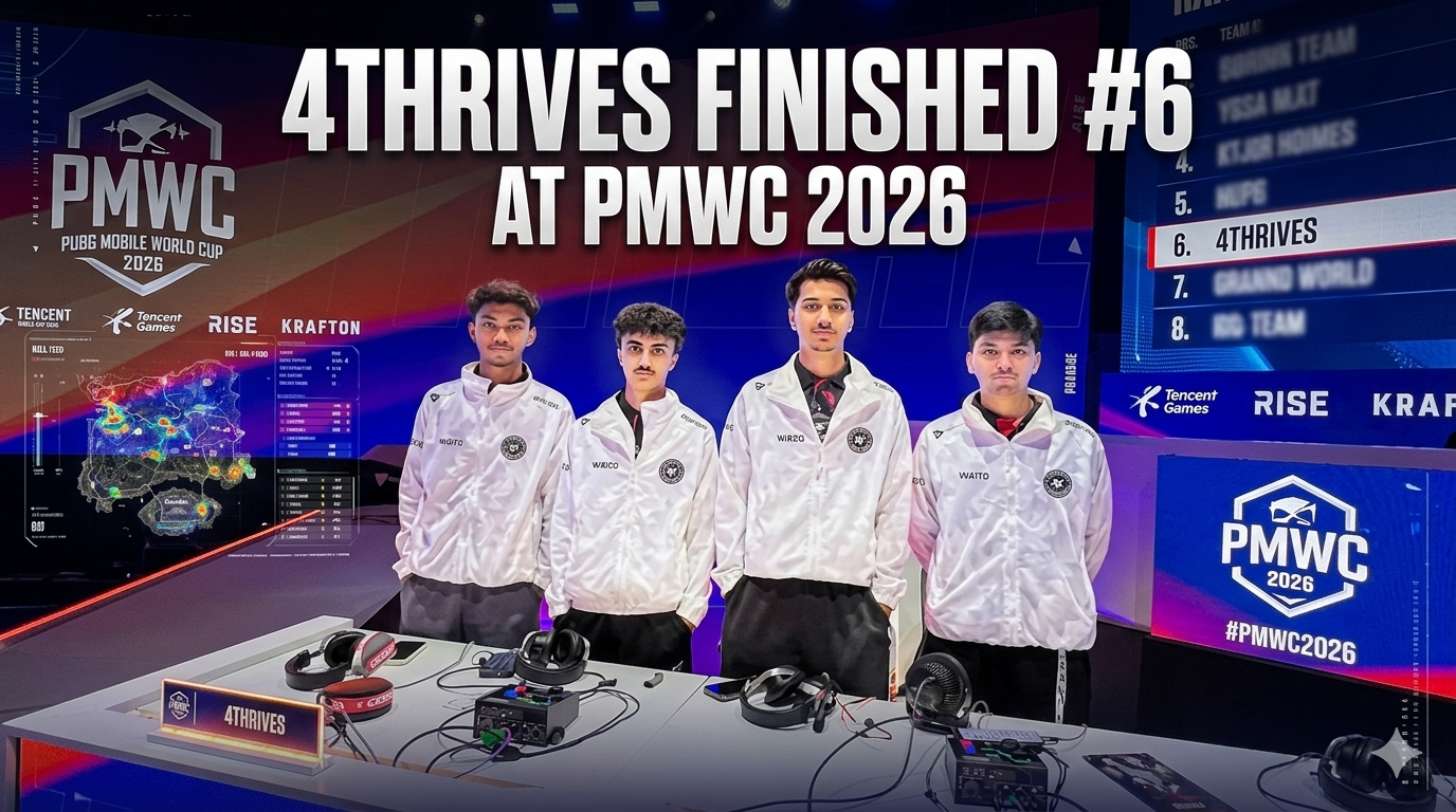Why 4Thrives Finished #6 at PMWC 2026 (Deep Analysis) Four esports players from the team 4Thrives wearing white jackets standing at their tournament desks, with a background leaderboard displaying they finished #6 at the PMWC 2026 PUBG Mobile World Cup.