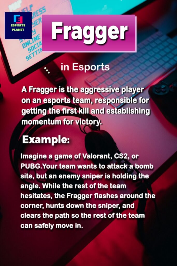 Esports Planet infographic explaining the Fragger role in gaming with a definition and tactical gameplay example over a neon-lit PC keyboard background.