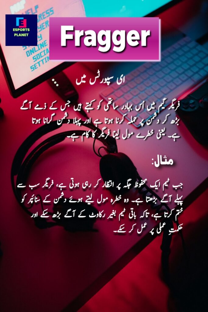 Fragger in Esports — Urdu definition poster explaining the role of a Fragger as the brave attacker who leads the charge, takes risks, and secures the first kill for the team. Includes example of a Fragger eliminating an enemy sniper so teammates can advance safely. Esports Planet branding with gaming setup background featuring keyboard, controller, and headphones under red‑blue lighting.