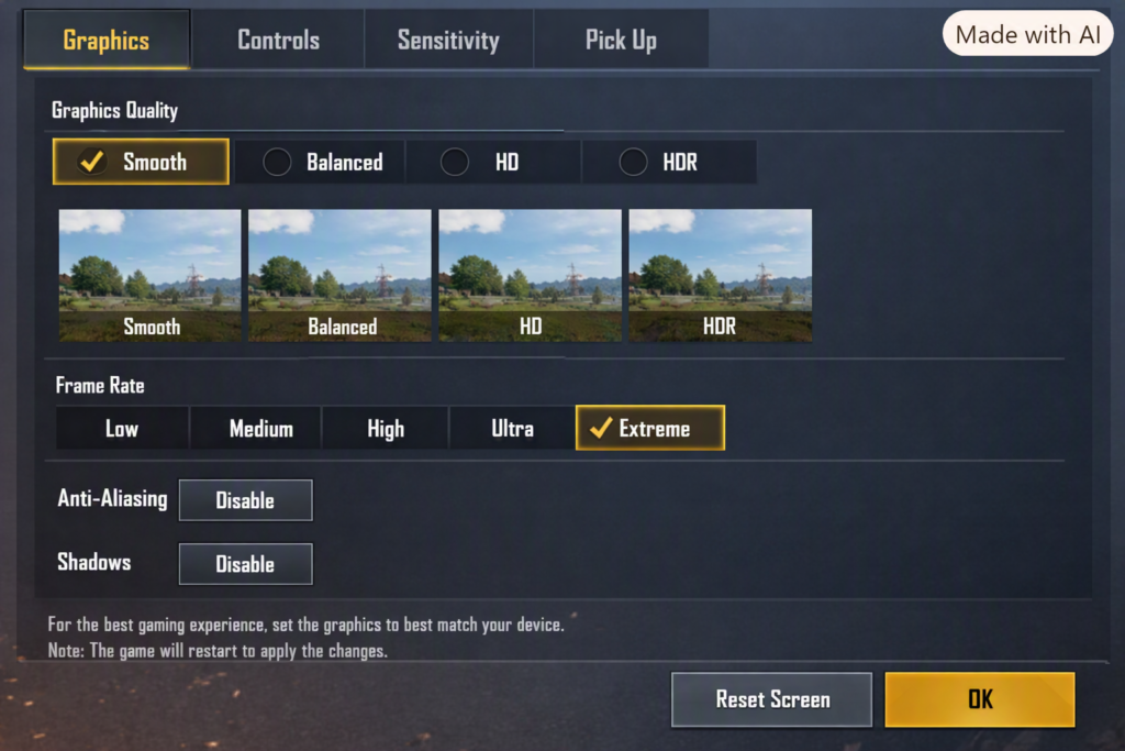 Best PUBGM Lag Fix Settings for Low-End Phones: Ultimate Guide In-game graphics settings menu in PUBG Mobile showing the optimal competitive setup with Smooth graphics and Extreme frame rate selected.