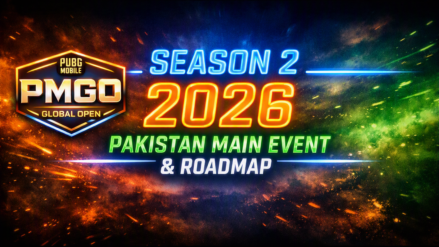 Official title banner for PMGO Season 2 2026 showcasing the PUBG Mobile Global Open Pakistan Main Event and Roadmap layout with a vibrant, neon space galaxy background.