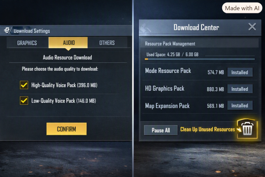 Best PUBGM Lag Fix Settings for Low-End Phones: Ultimate Guide A split-screen screenshot showing the Audio tab with high/low checked, alongside the in-game Download Center highlighting the trash bin icon to clean out non-essential resource packs.