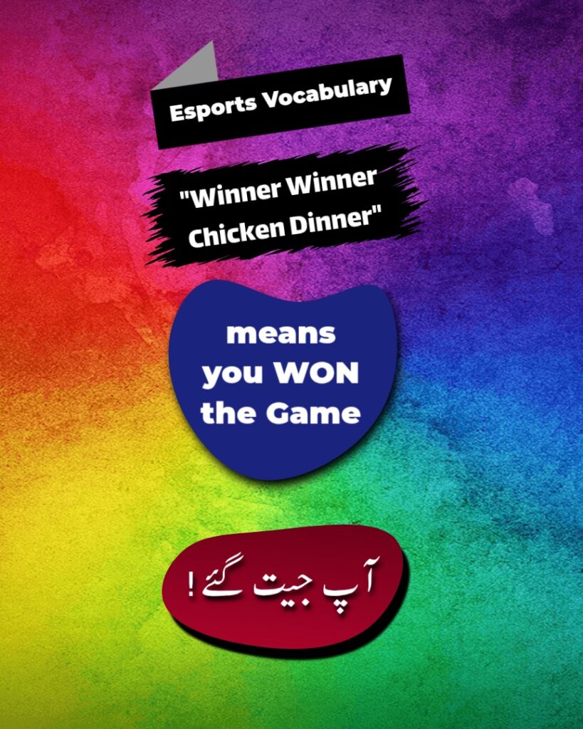 Esports Vocabulary infographic poster explaining the gaming phrase Winner Winner Chicken Dinner, meaning you won the game, with an Urdu translation on a colorful textured background.