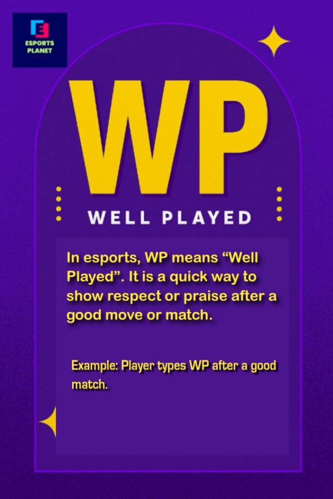 Esports Vocabulary educational infographic poster explaining the gaming term WP as Well Played, showing it as a way to praise a teammate or opponent