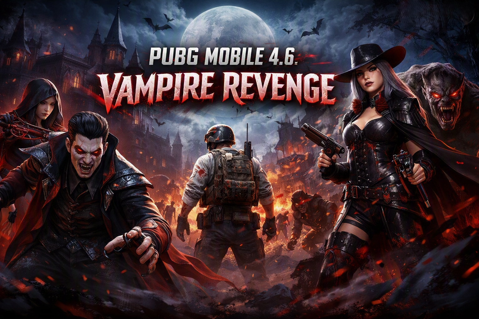 PUBG Mobile 4.6 Bloodline Awakening: Best Meta Loadouts Guide PUBG Mobile 4.6 Vampire Revenge promotional poster featuring a tactical player surrounded by male and female vampires and monsters under a full moon.