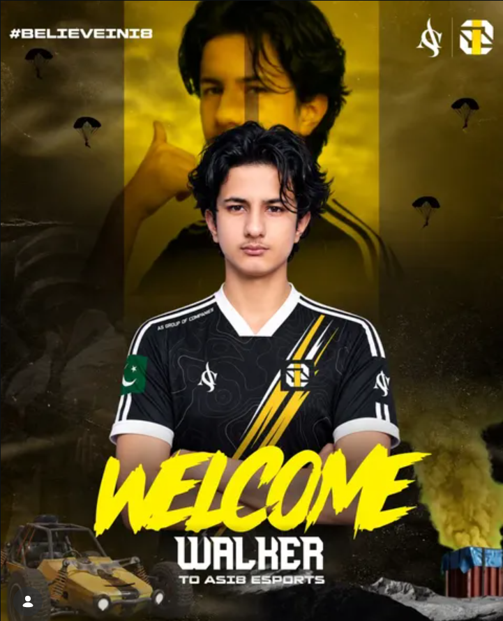 AS i8 New Lineup: Everything You Need to Know About the Roster Change Official AS i8 Esports welcome poster for new player Walker (Usama Fazal) with team logos and graphics.