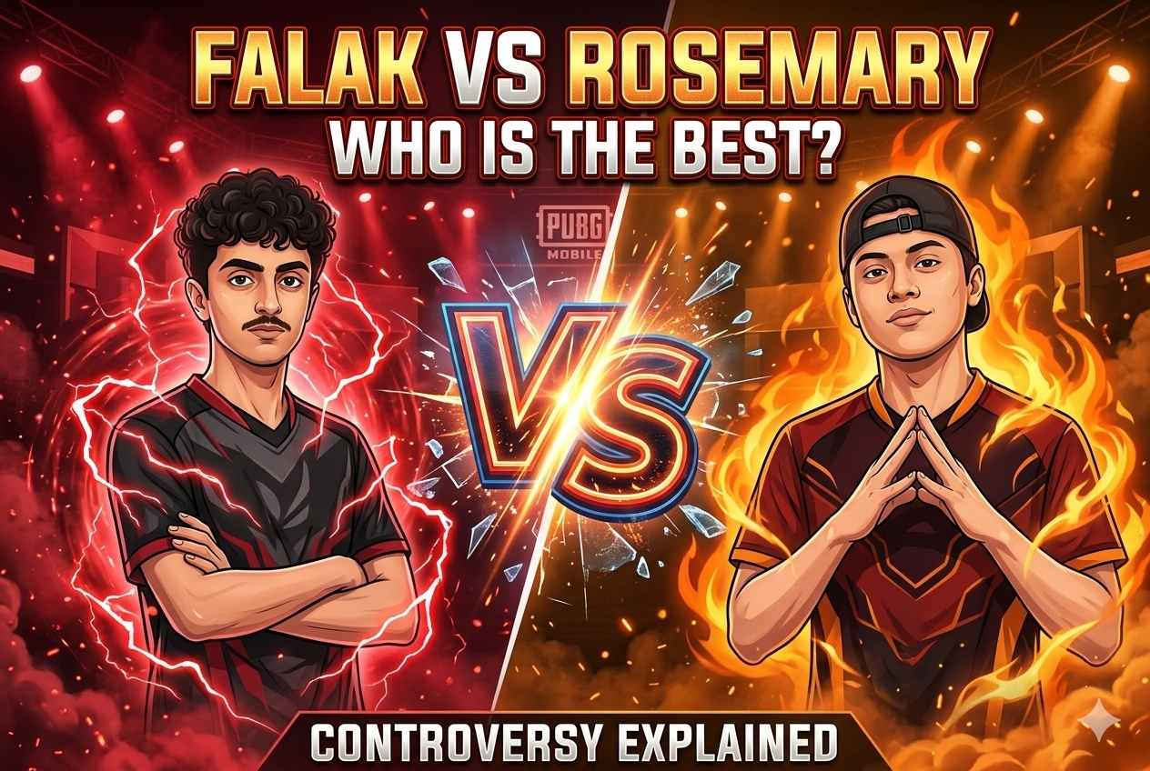 Falak vs Rosemary: Who is the Best? Controversy Explained! An esports graphic banner titled "Falak vs Rosemary: Who is the Best? Controversy Explained" featuring illustrations of professional PUBG Mobile players 4T Falak surrounded by red lightning effects on the left and Rosemary surrounded by fire effects on the right, with the official PUBG Mobile logo in the center.