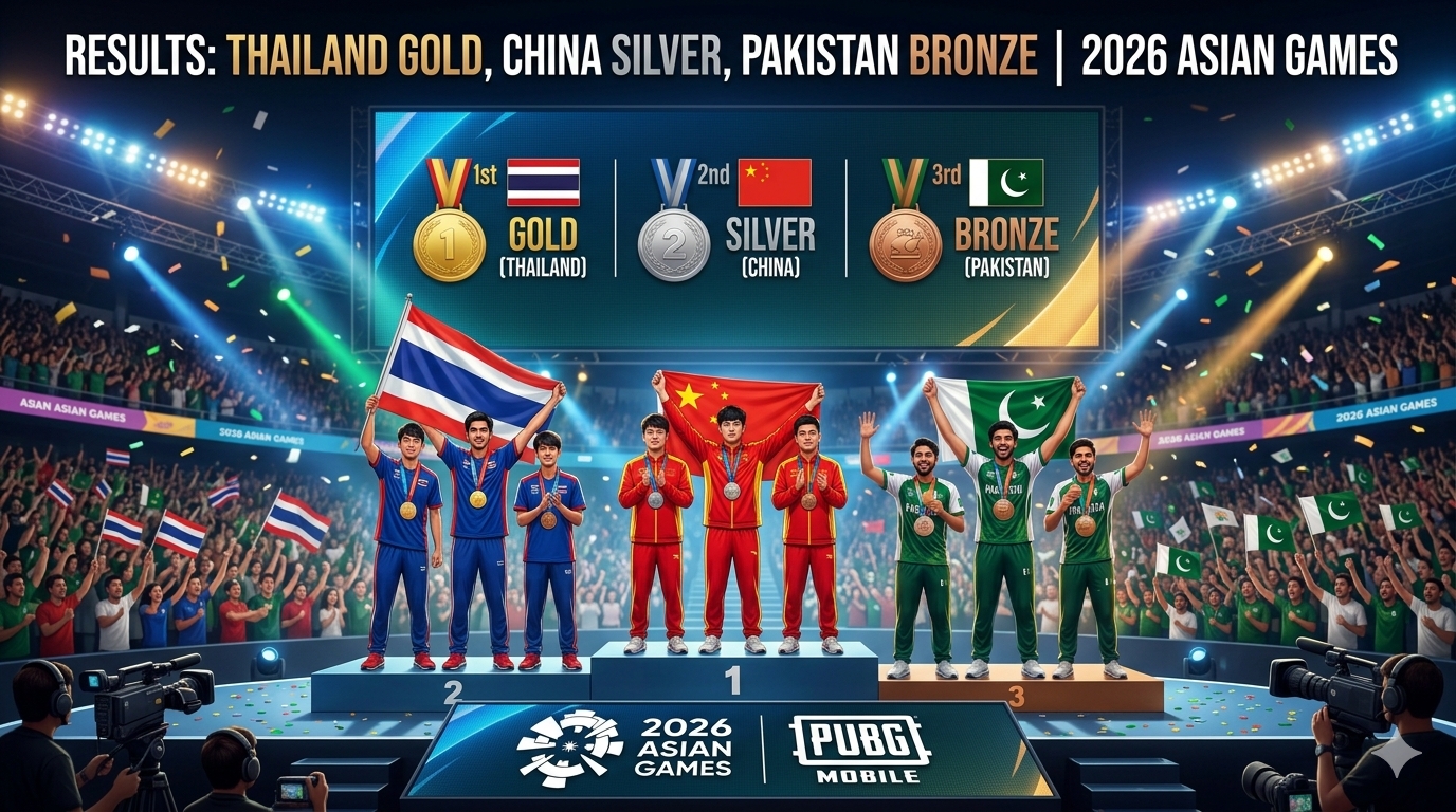 Pakistan Wins PUBG Mobile Bronze Medal at the 2026 Asian Games After Shocking Penalty Drama A graphic showing the 2026 Asian Games PUBG Mobile esports medal podium. On the podium, three players from the Thailand team stand on the left with gold medals and the Thai flag. In the center, three players from China stand on the top spot with silver medals and the Chinese flag. On the right, three players from Pakistan stand with bronze medals and the Pakistani flag. A large text overlay at the top reads "RESULTS: THAILAND GOLD, CHINA SILVER, PAKISTAN BRONZE | 2026 ASIAN GAMES." The background shows a crowded stadium stadium arena with banners for PUBG Mobile and the 2026 Asian Games.