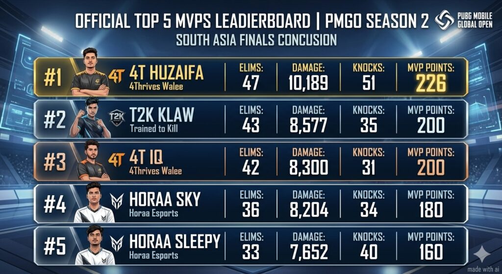 Back-to-Back Champions: 4Thrives Walee Dominates PMGO Season 2 South Asia Finals pmgo sa s2 mvps standings chart