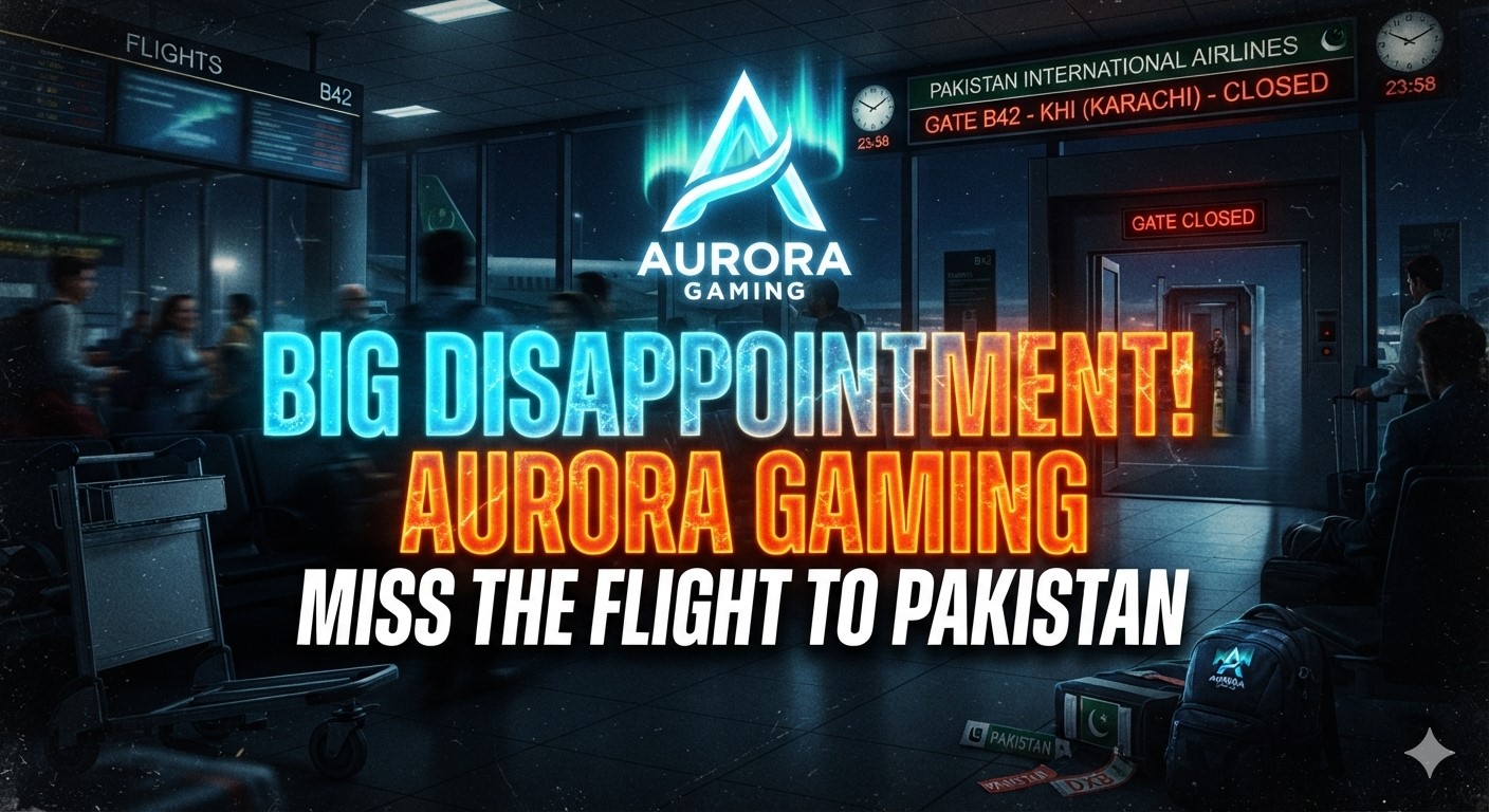 Aurora Gaming Miss the Flight to Pakistan: Big Disappointment! Vivid glowing text reading Big Disappointment! Aurora Gaming Miss the Flight to Pakistan with Aurora Gaming logo over a dark airport gate terminal backdrop.