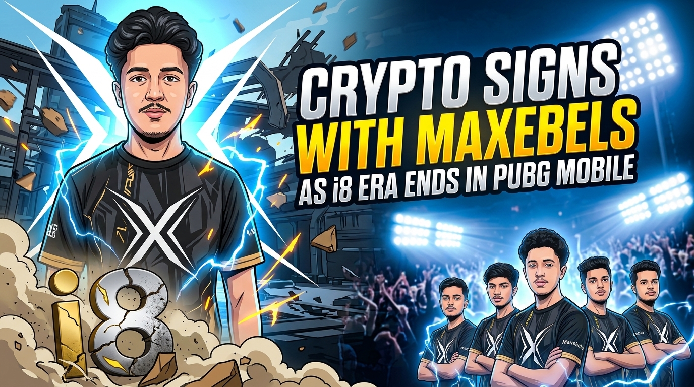 Crypto Signs With Maxebels as AS i8 Era Ends in PUBG Mobile Esports banner of PUBG Mobile player Crypto in a cartoon style wearing a Maxebels jersey with the team's white "X" logo, featuring the article headline "Crypto Signs With Maxebels as i8 Era Ends in PUBG Mobile" over an illuminated gaming arena.