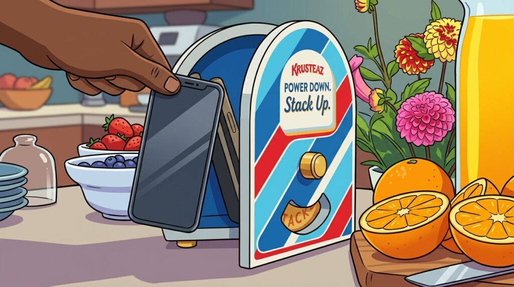 Free Pancakes for a Year If You Stop Using Your Phone A vibrant horizontal cartoon illustration of a hand placing a smartphone into the Krusteaz Pancake Pause Box phone safe next to a box of buttermilk pancake mix and a fresh stack of pancakes on a sunny morning. Made with AI.
